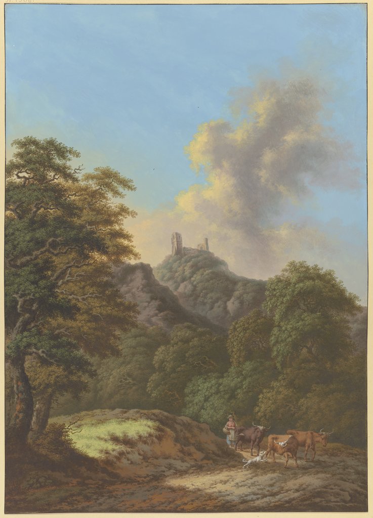 Waldtal mit Blick auf eine Burgruine, im Vordergrund eine Hirtin mit drei Rindern und einem Hund, Friedrich Rauscher