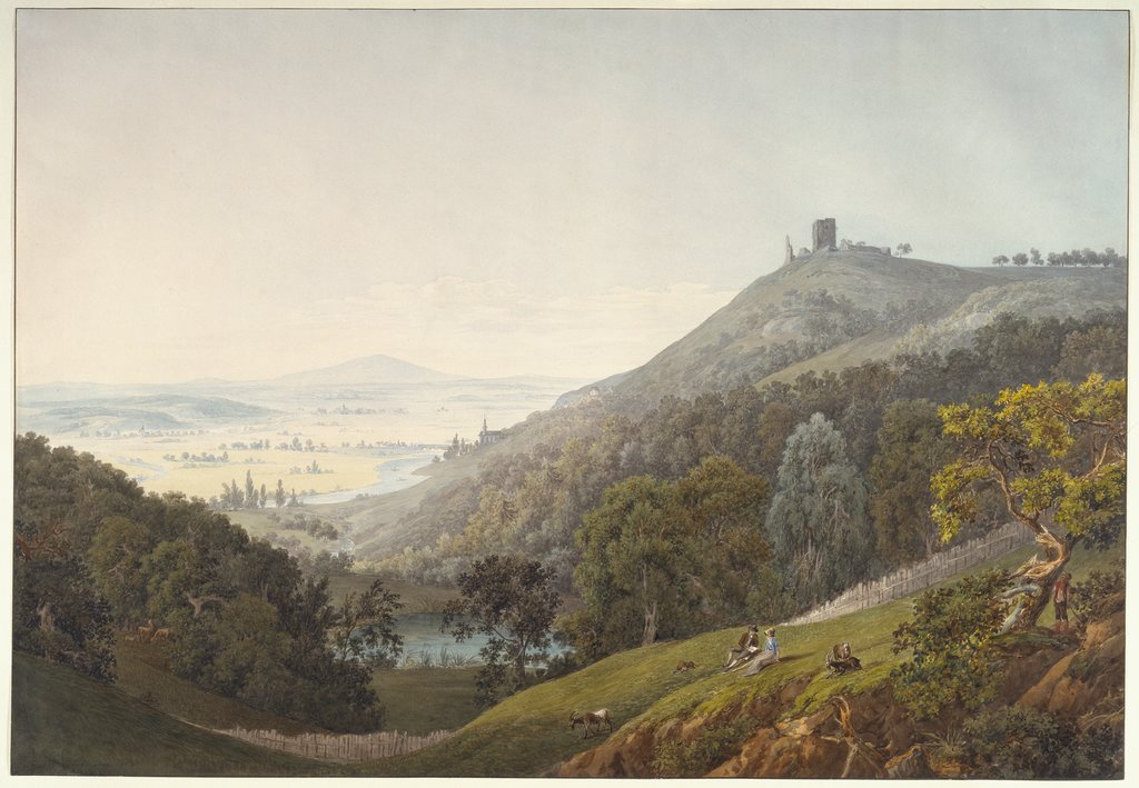 The Ruin of Kalsmunt near Wetzlar. Ruin on a Mountain, View across a Broad River Valley. A Couple Reading in a Meadow in the Foreground, Friedrich Christian Reinermann