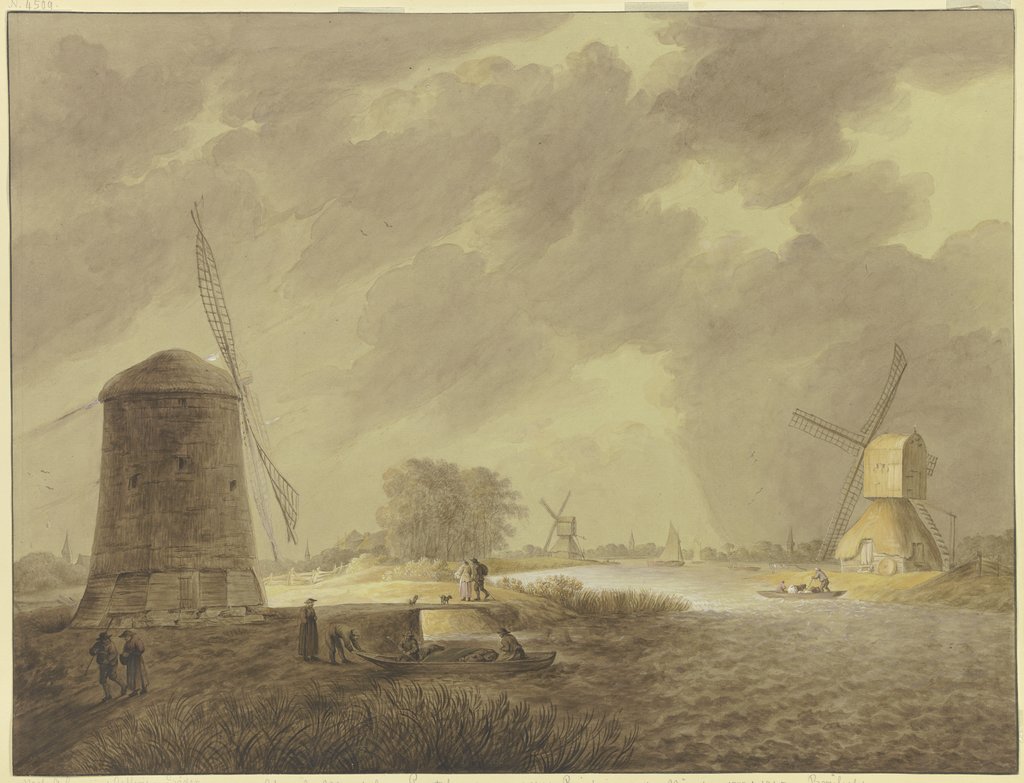 Windmühlen an einem Fluß bei stürmischem, trübem Wetter, Ursula Magdalene Reinheimer, after Aelbert Cuyp;   ?