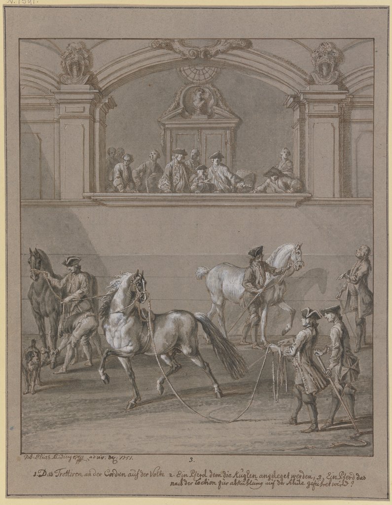Reitschule, drei Pferde werden am Seil geführt, in einer erhöhten Loge Zuschauer, Johann Elias Ridinger