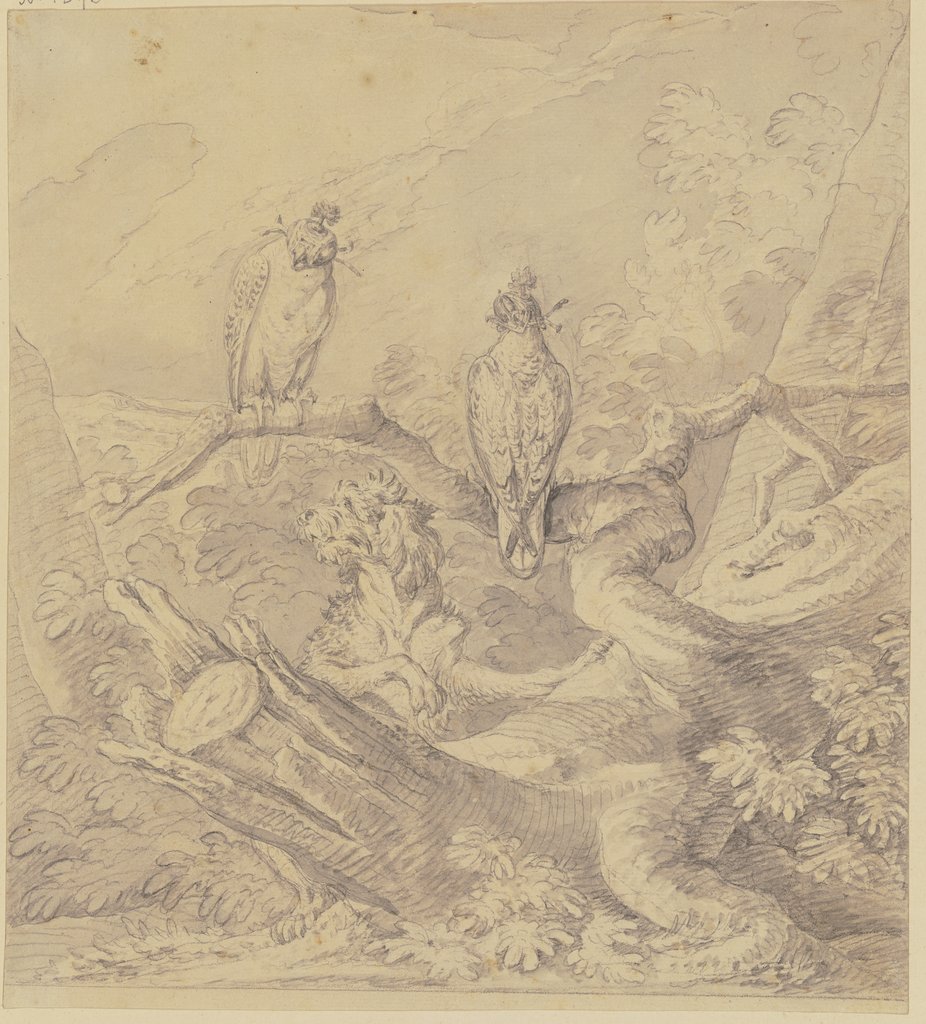 Jagdfalken, auf einem Ast eines gefällten Baumes sitzend, unter ihnen ein vorstehender Cocker Spaniel, Johann Elias Ridinger