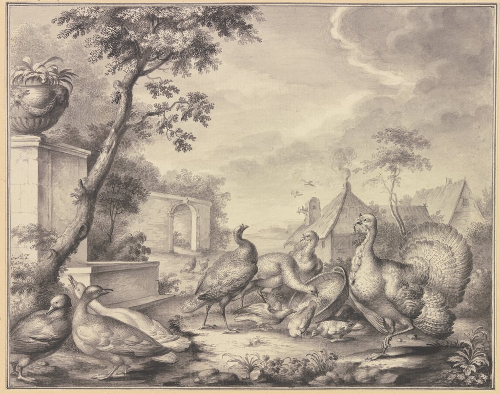 Truthahn und Tauben bei der Fütterung, links drei Enten, Gottlieb Friedrich Riedel