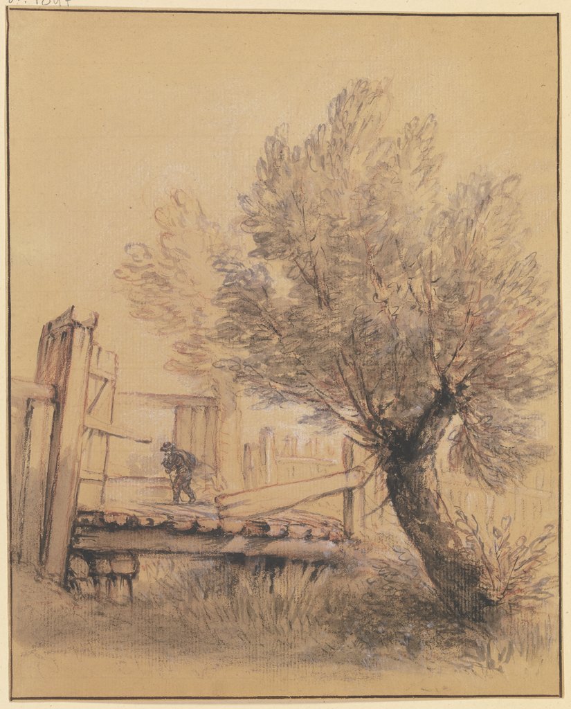 Weidenbaum bei einer Holzbrücke, über die ein Mann schreitet, Bernhard Rode