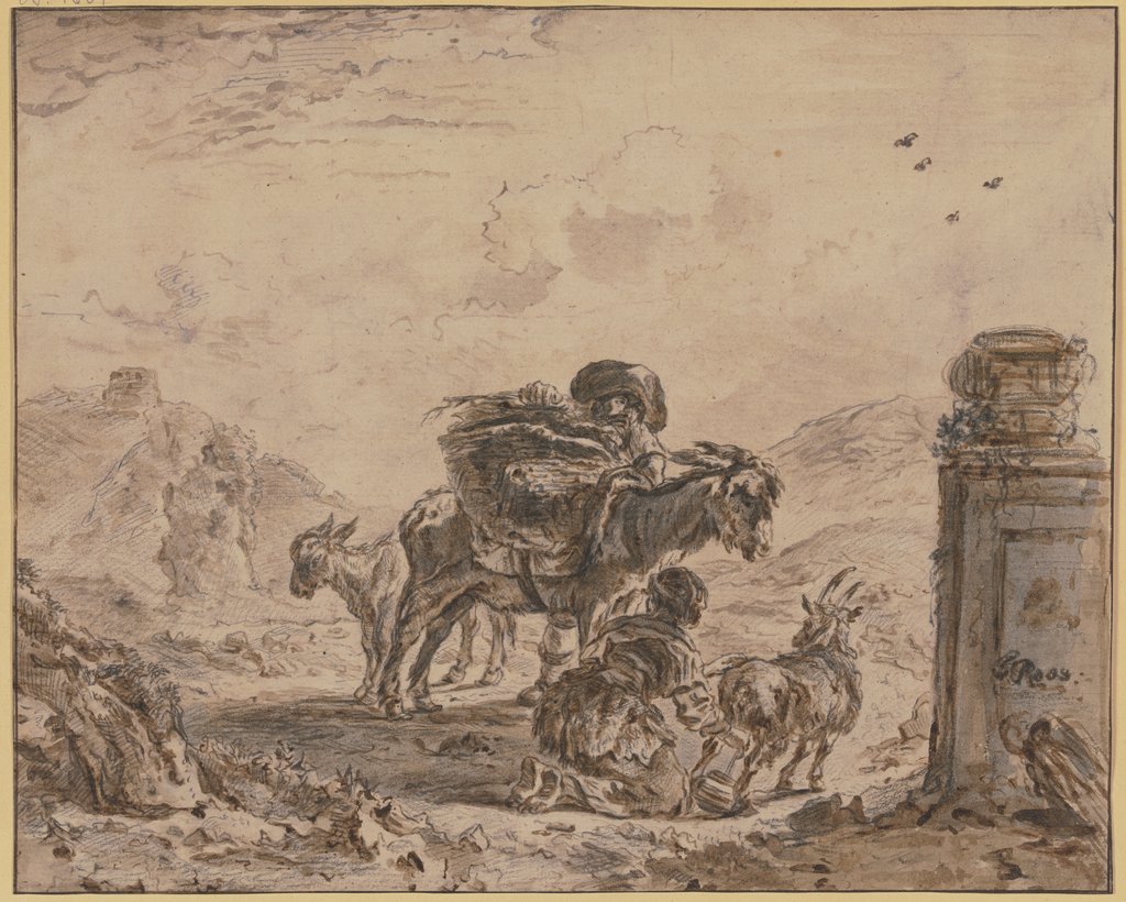 Landschaft mit einem Bauern mit beladenem Esel und zwei Ziegen, derer eine von einem Mädchen gemolken wird, Joseph Roos