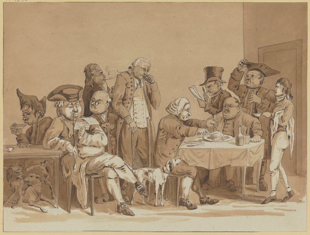 Wirtshausszene, rechts eine Gruppe um einen Tisch, links eine Gruppe von weiteren Gästen und mehreren Hunden, Friedrich Rottmann
