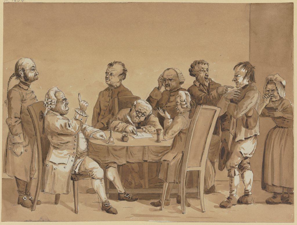 Gerichtsszene: Zwei Richter und ein Schreiber an einem Tisch, umgeben von sechs stehenden Personen, den Streitenden und einem Gerichtsdiener, Friedrich Rottmann