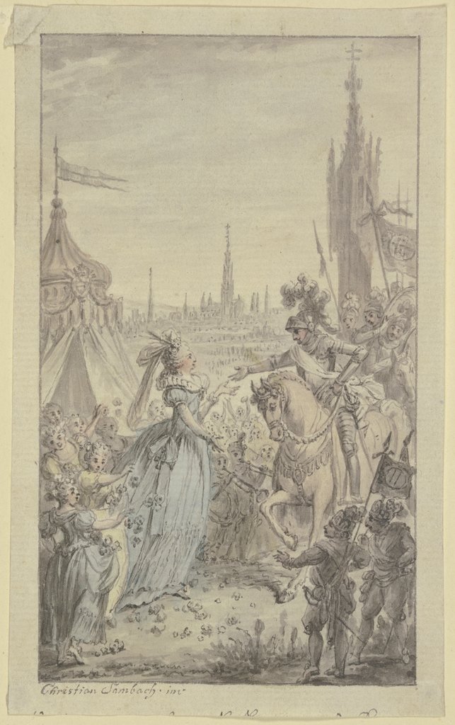 Eine Fürstin und Mädchen mit Blumen empfangen vor einem Zelt einen Ritter zu Pferde, Christian Sambach