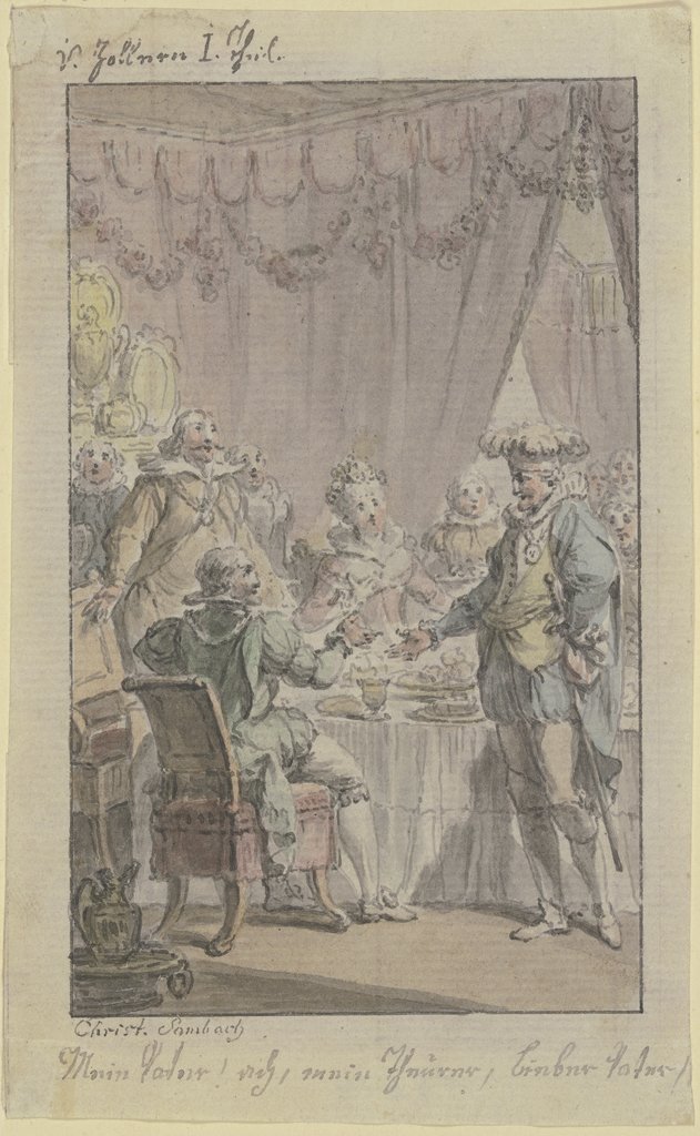 Tafelszene: Ein Ritter tritt an den gedeckten Tisch heran und begrüßt einen sitzenden Ritter, Christian Sambach