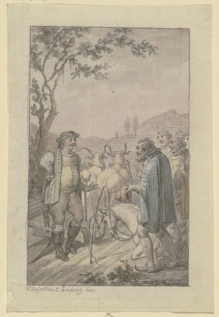 Einem pflügenden Mann mit einem Ochsengespann nähert sich eine Gruppe von barhäuptigen Männern, bei ihnen kniet ein Pferd, Christian Sambach