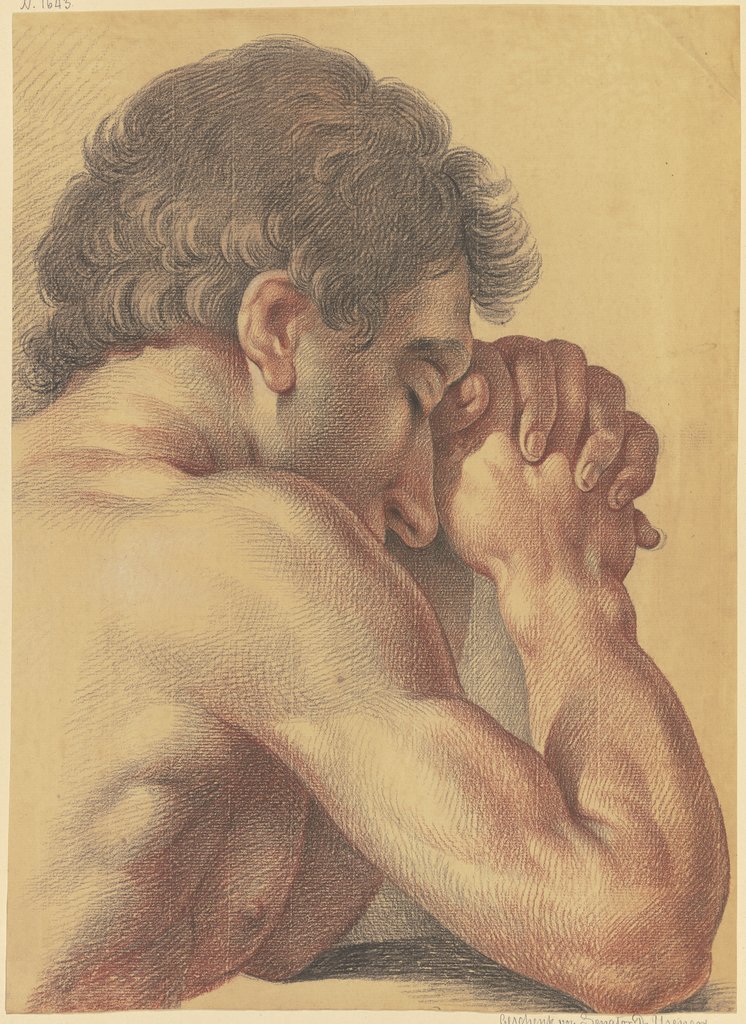 Brustbild eines betenden nackten Mannes, halb vom Rücken gesehen, Friedrich Wilhelm Schäfer