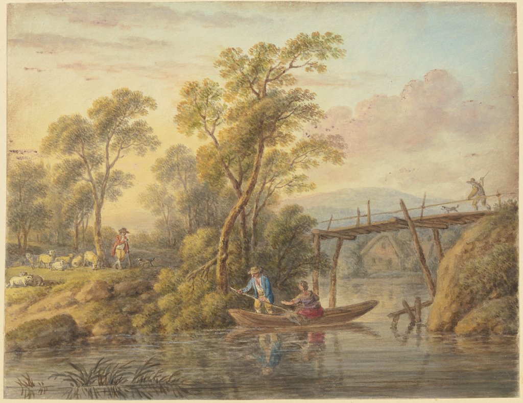 Landschaft mit einem Bach, über den eine hölzerne Brücke führt, Carl Philipp Schallhas