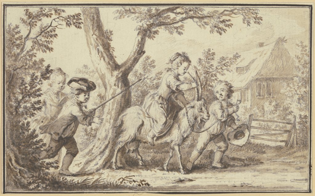Unter Bäumen vor einem Haus lassen Kinder ein Mädchen auf einer Ziege reiten, Johann Ulrich Schellenberg