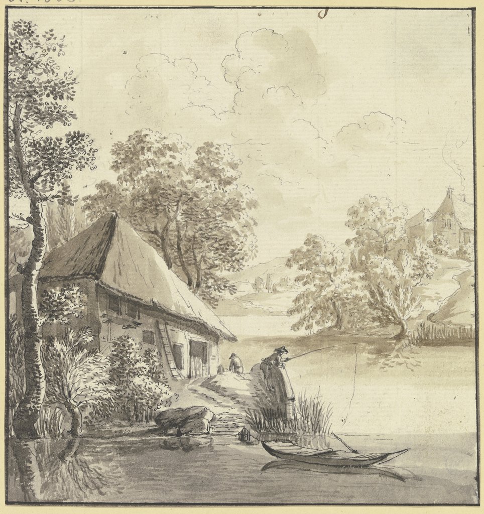 Bauernhaus am Wasser, davor ein Angler, Johann Ulrich Schellenberg;   ?