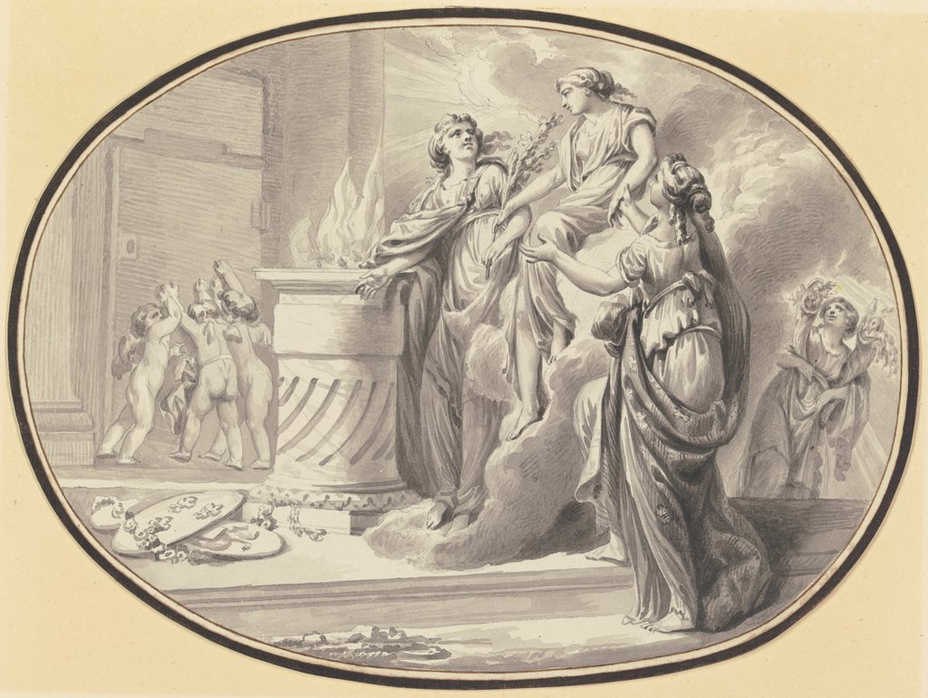 Eine Vestalin zwischen zwei Gefährtinnen vor einem Altar von einer Wolke herabsteigend, im Hintergrund halten drei Amoretten die Tür zum Heiligtum verschlossen, Johann Eleazar Schenau