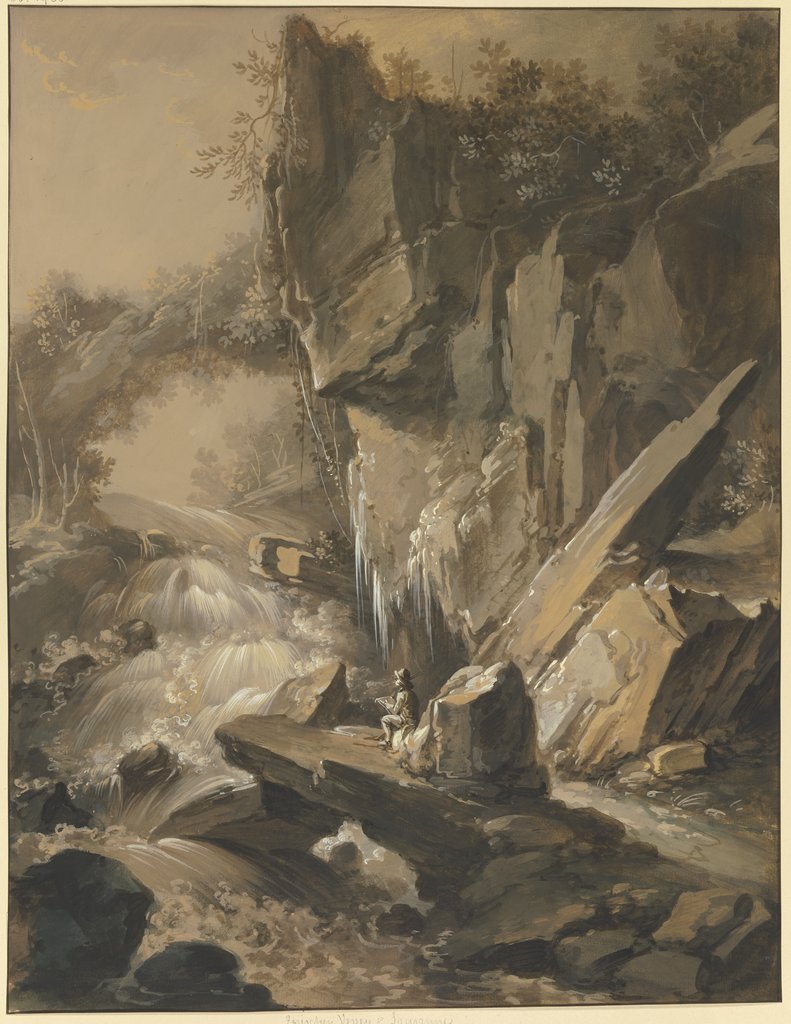 Wasserfall, im Vordergrund ein Maler, Johann Jakob Schillinger