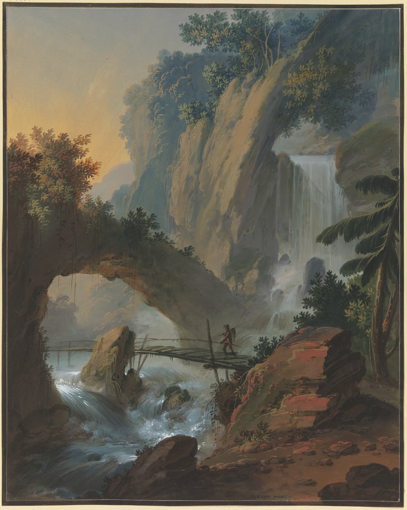Steg über einen Wasserfall, darüber ein Felsentor, Johann Jakob Schillinger