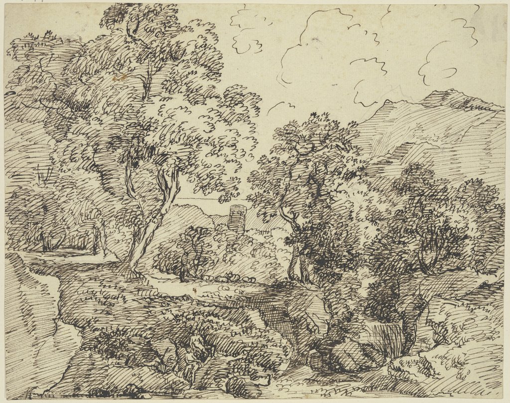 Gebirgslandschaft mit hohen Bäumen und Staffagefiguren, Franz Innocenz Josef Kobell