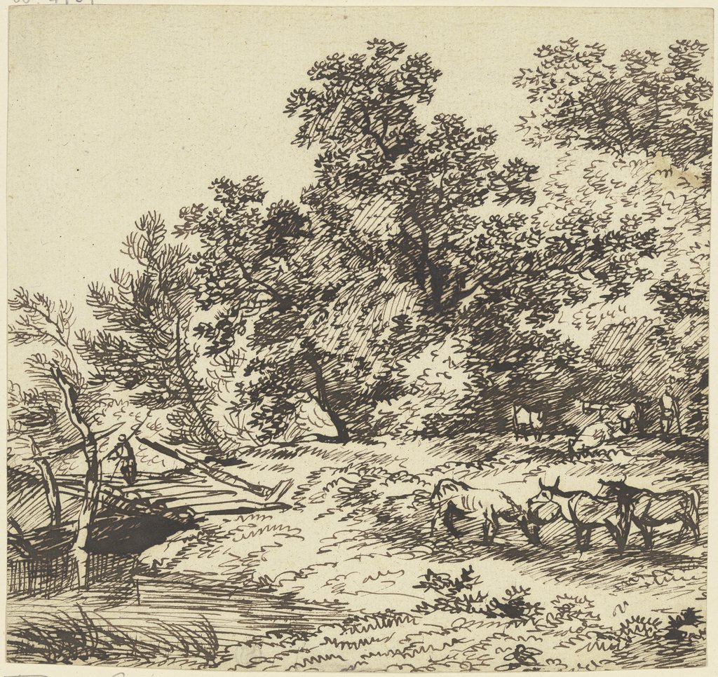 Hirt und Herde unter Bäumen, links eine Brücke, Franz Innocenz Josef Kobell