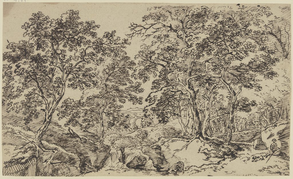 Baumreiche Landschaft, rechts ein sitzender Mann mit Hund, Franz Innocenz Josef Kobell