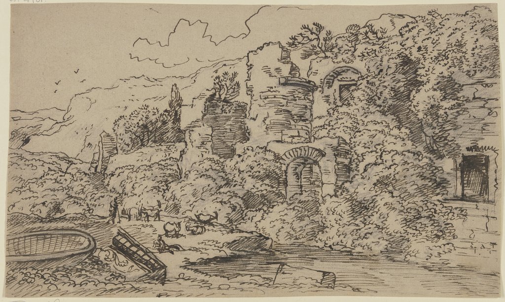 Hirte und Herde bei antiken Ruinen unter Bäumen, Franz Innocenz Josef Kobell