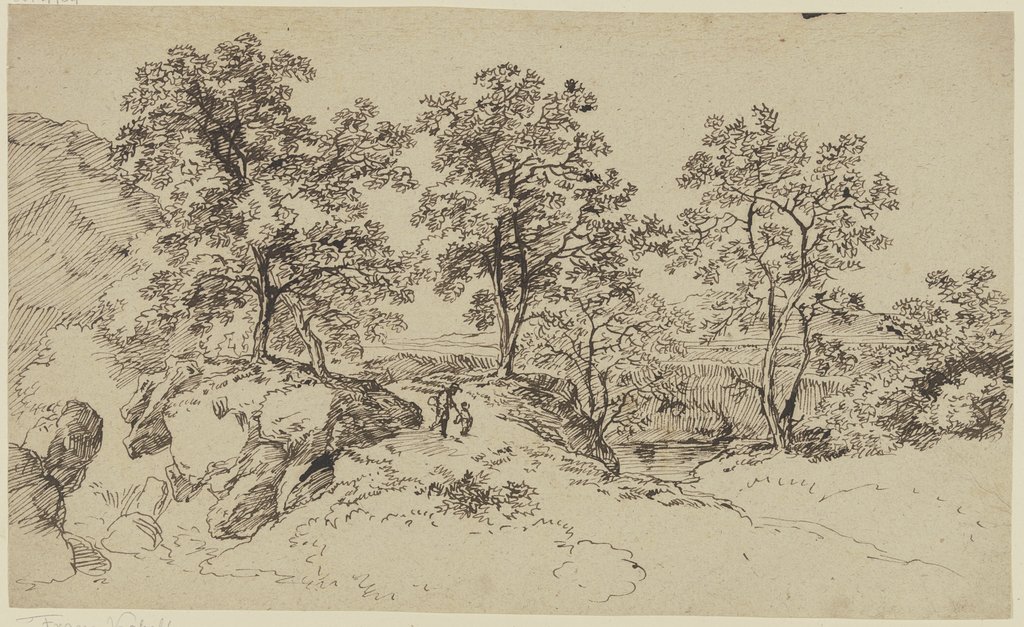 Ein Mann und ein Kind auf einem Weg unter Bäumen, Franz Innocenz Josef Kobell