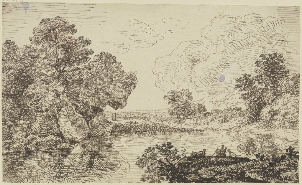 Flußlandschaft mit großem Felsen und Staffagefiguren, Franz Innocenz Josef Kobell