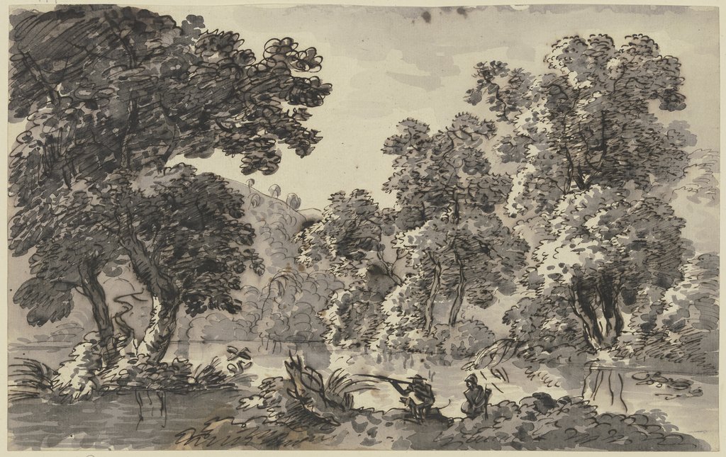 Gewässer unter Bäumen, am Ufer zwei Jäger, Franz Innocenz Josef Kobell