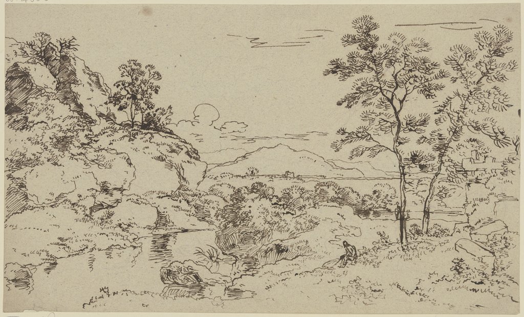 Bergige Landschaft mit Bäumen und Staffagefiguren, Franz Innocenz Josef Kobell