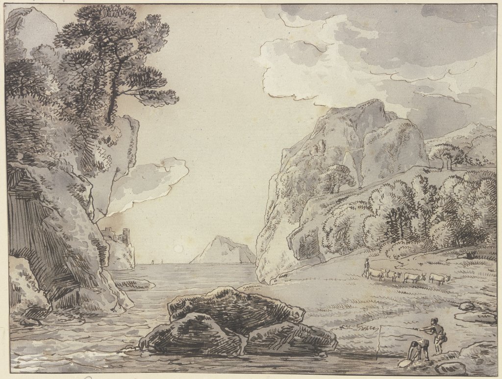 Felsige Uferlandschaft, im Vordergrund zwei Angler, Franz Innocenz Josef Kobell