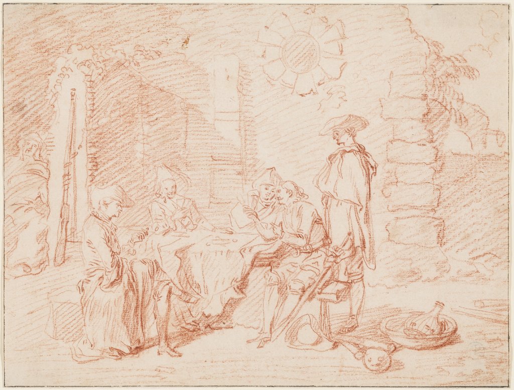 Karten spielende Soldaten vor einem Gemäuer, Jean-Antoine Watteau
