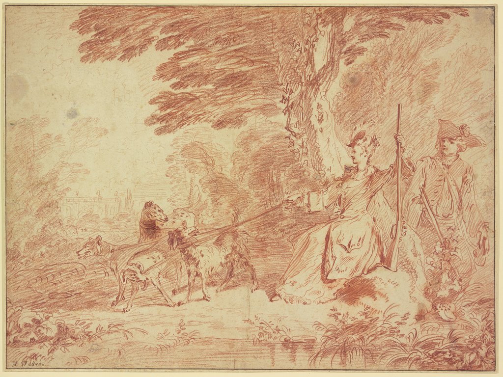 Jagdpartie, Jägerin und Jäger mit vier Hunden in einer Landschaft, Jean-Antoine Watteau