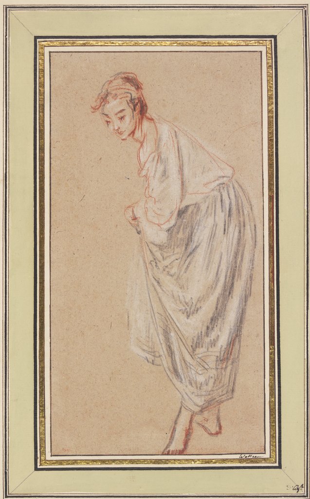 Stehendes Mädchen, nach links geneigt und seinen Rock anhebend, Jean-Antoine Watteau