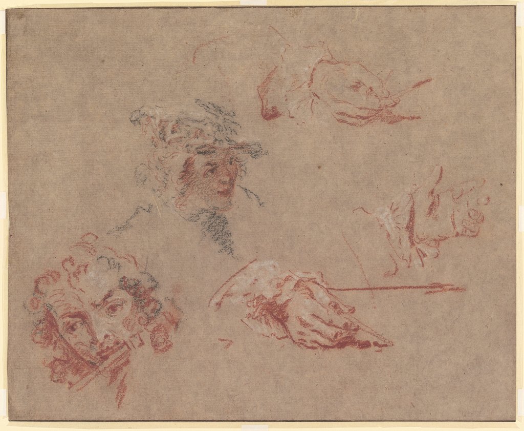 Kopf eines Flötisten, Kopf eines jungen Mannes mit flachem Barett, drei Hände, zwei Zeichenstift und Zirkel haltend, Nicolas Lancret