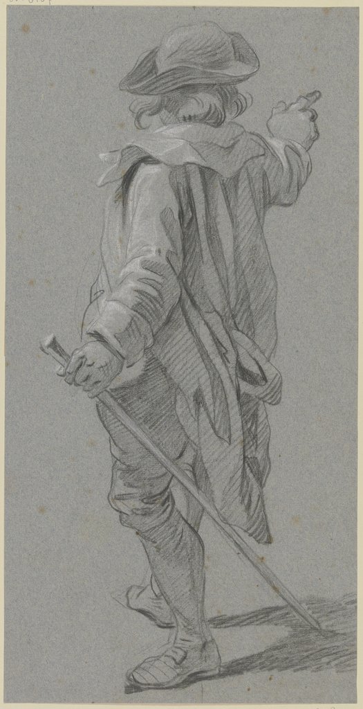 Ein vom Rücken gesehener stehender Mann mit einem Stab in der Linken, den rechten Arm ausstreckend, Georg Melchior Kraus