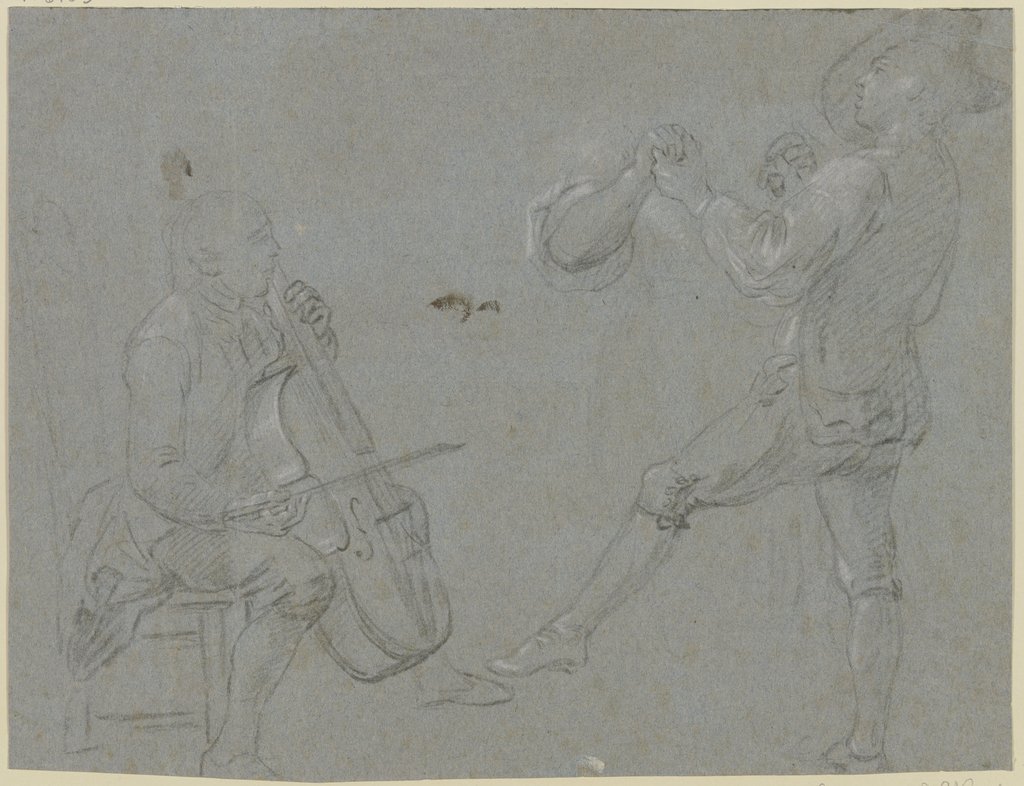 Studienblatt: links ein Cellospieler, rechts ein tanzendes Paar, Georg Melchior Kraus