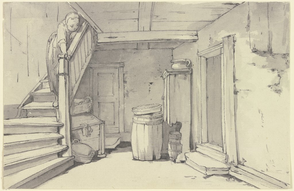 Diele in einem Bauernhaus, links eine Treppe, auf der ein Mädchen steht, Georg Melchior Kraus