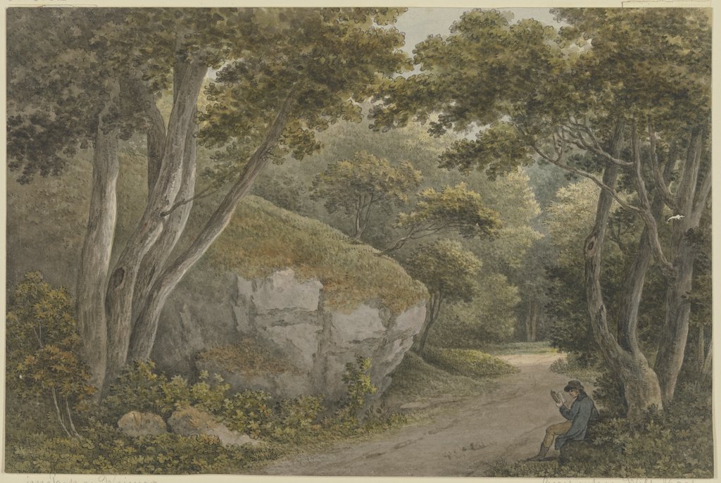 Weg in einem Park, links ein Felsblock, Georg Melchior Kraus