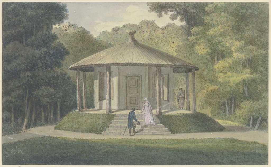 Der Pavillon im Ettersburger Park bei Weimar, auf der Treppe die Herzogin Anna Amalia, einen Herrn begrüßend, Georg Melchior Kraus