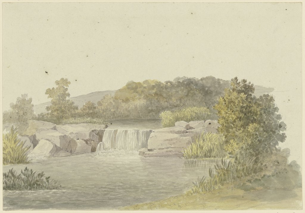 Ein Fluß mit einem niedrigen Wasserfall, im Hintergrund waldiges Ufer, Georg Melchior Kraus