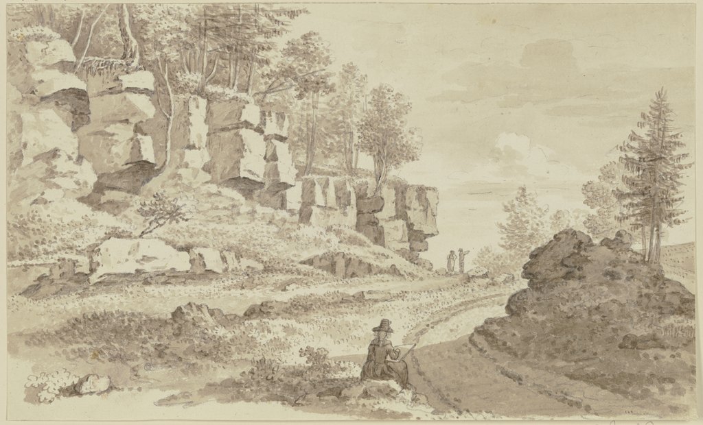 Baumbestandene Felspartie links neben einem Weg, im Vordergrund in Rückenansicht eine Zeichnerin, Georg Melchior Kraus