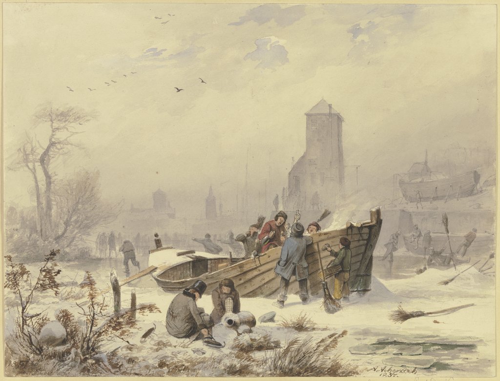 Schiffer bei einem eingefrorenen Schiffe, Andreas Achenbach
