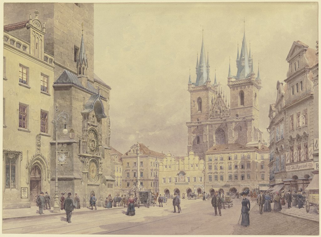 Blick auf die Teynkirche und die Mariensäule am Altstädter Ring zu Prag, Rudolf von Alt