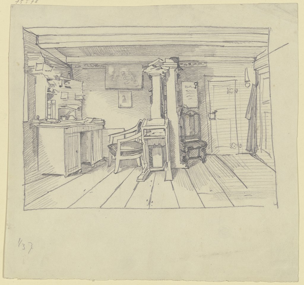 Zimmer mit Schreibtisch, Stehpult und Bücherregalen, Wilhelm Busch
