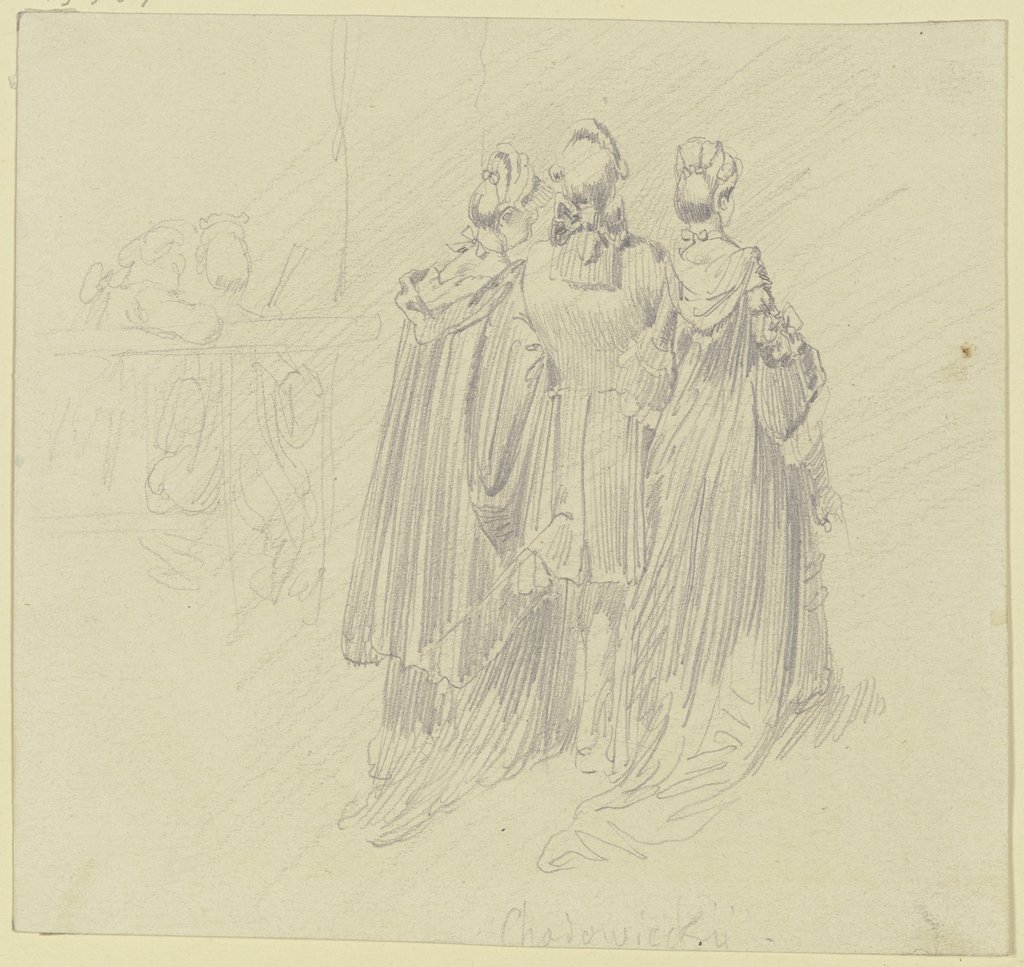 Rokokokavalier mit zwei Damen in Rückenansicht, Wilhelm Busch, nach Daniel Chodowiecki