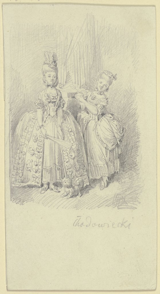 Zwei junge Mädchen in Rokokogewandung, Wilhelm Busch, after Daniel Chodowiecki