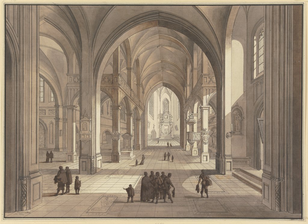 Blick in den Chor einer dreischiffigen gotischen Kirche, im Vordergrund Figurengruppen in der Tracht des 17. Jahrhunderts, Johann Ludwig Ernst Morgenstern