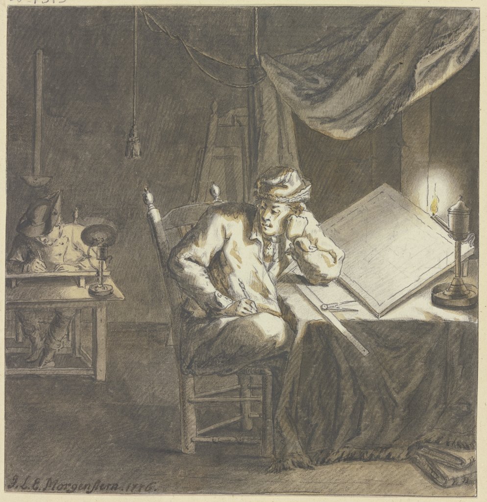 Maler und Geselle im Atelier bei Lampenlicht an ihren Zeichentischen arbeitend, Johann Ludwig Ernst Morgenstern