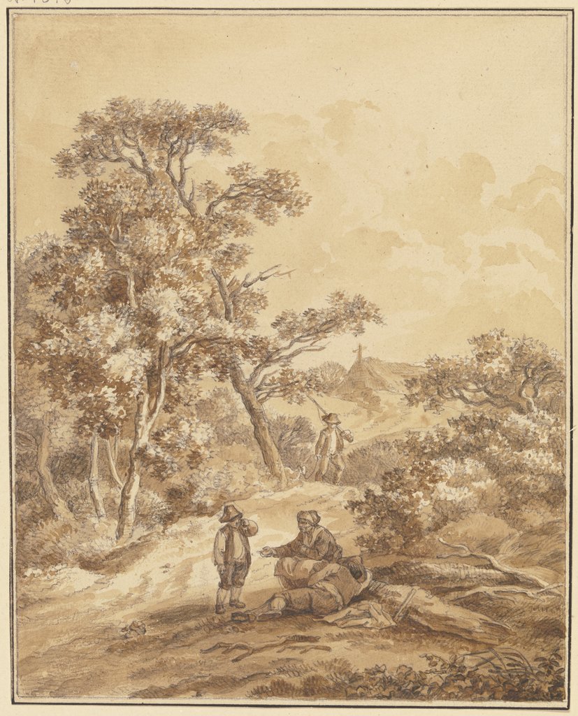 Waldweg mit einem Jäger, im Vordergrund eine Frau mit zwei Knaben, der eine schlafend, Johann Ludwig Ernst Morgenstern