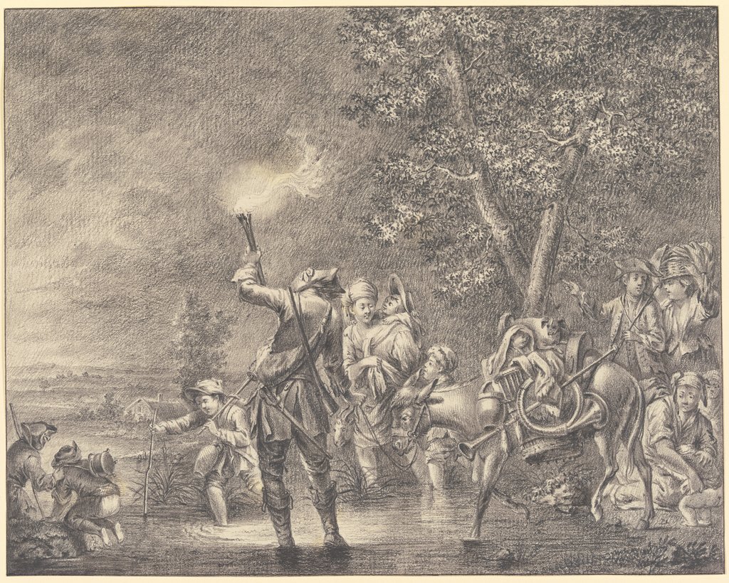 Reisende mit Packesel und Fackelträger überqueren einen Bach, Johann Ludwig Ernst Morgenstern, after Johann Conrad Seekatz