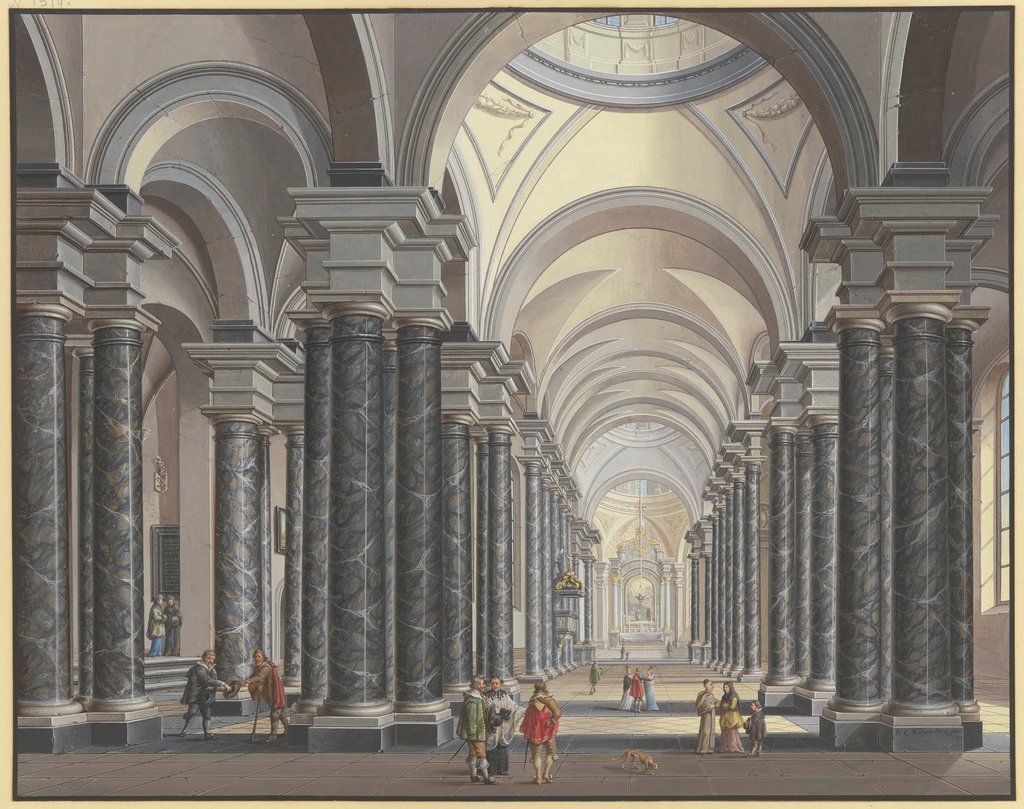 Blick in das Innere einer Barockkirche mit schwarzen Marmorsäulen und Staffagefiguren in der Tracht des 17. Jahrhunderts, Johann Ludwig Ernst Morgenstern